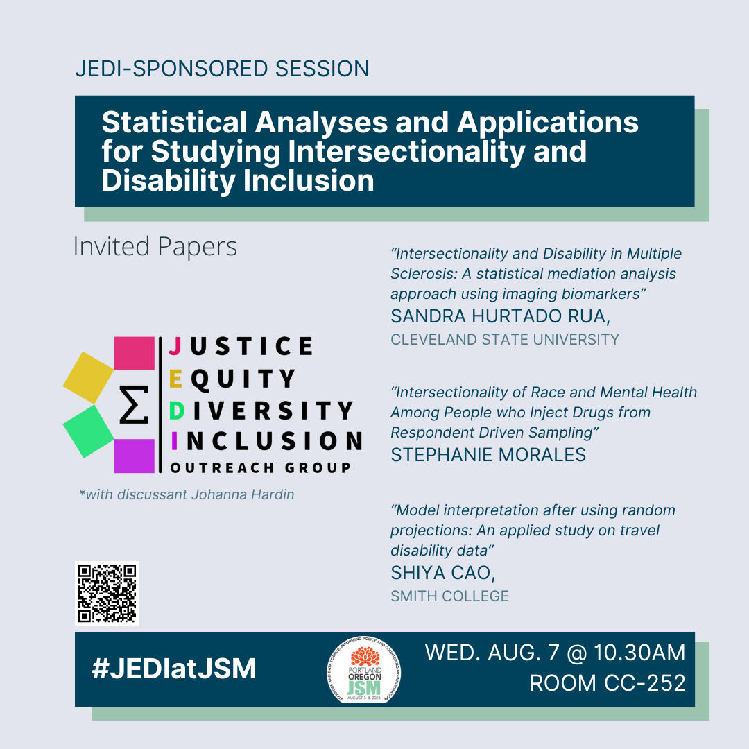 a graphic on a blue-gray background with the invited paper session title ('Statistical Analyses and Applications for Studying Intersectionality and Disability Inclusion') at the top; this is a JEDI-sponsored session. In the center of the graphic is the rainbow Sigma JEDI logo surrounded by the speaker names, their affiliations, and their presentation titles (Sandra Hurtado Rua [Cleveland State University] presenting 'Intersectionality and Disability in Multiple Sclerosis: A statistical mediation analysis approach using imaging biomarkers'; Stephanie Morales [no affiliation provided] presenting 'Intersectionality of Race and Mental Health Among People who Inject Drugs from Respondent Driven Sampling'; Shiya Cao [Smith College] presenting 'Model interpretation after using random projections: An applied study on travel disability data'). Below the JEDI logo is an asterisk noting the discussant, Johanna Hardin. Along the bottom is the #JEDIatJSM tag, the JSM 2024 logo, and the talk's time and location (Wednesday, Aug. 7 at 10:30am; Room CC-252).